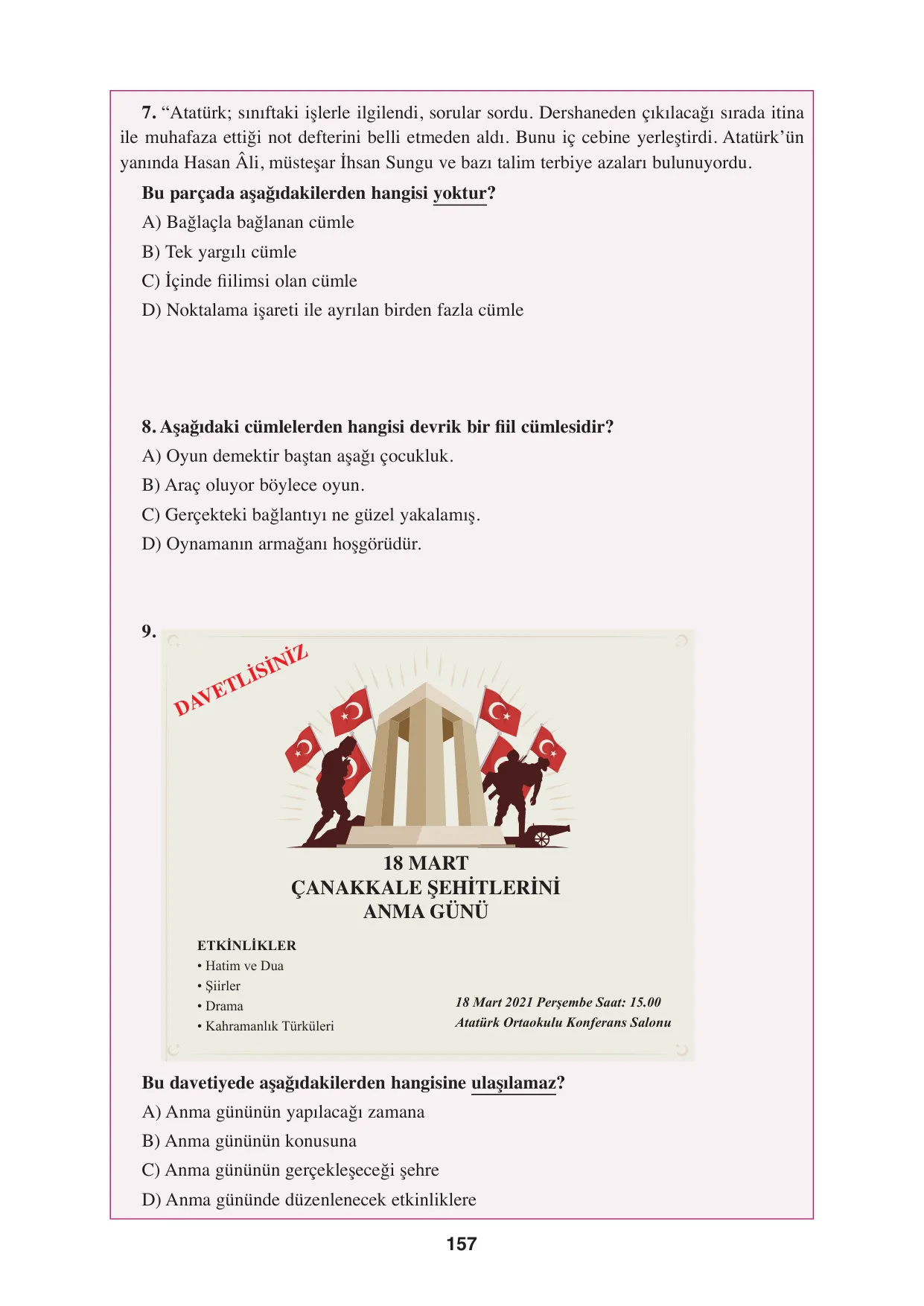 8. Sınıf Türkçe Ders Kitabı Cevapları - Hecce Yayınları Sayfa 157 Çözüm Görseli 8. Sınıf Türkçe Ders Kitabı Cevapları - Hecce Yayınları Sayfa 157 Cevabı