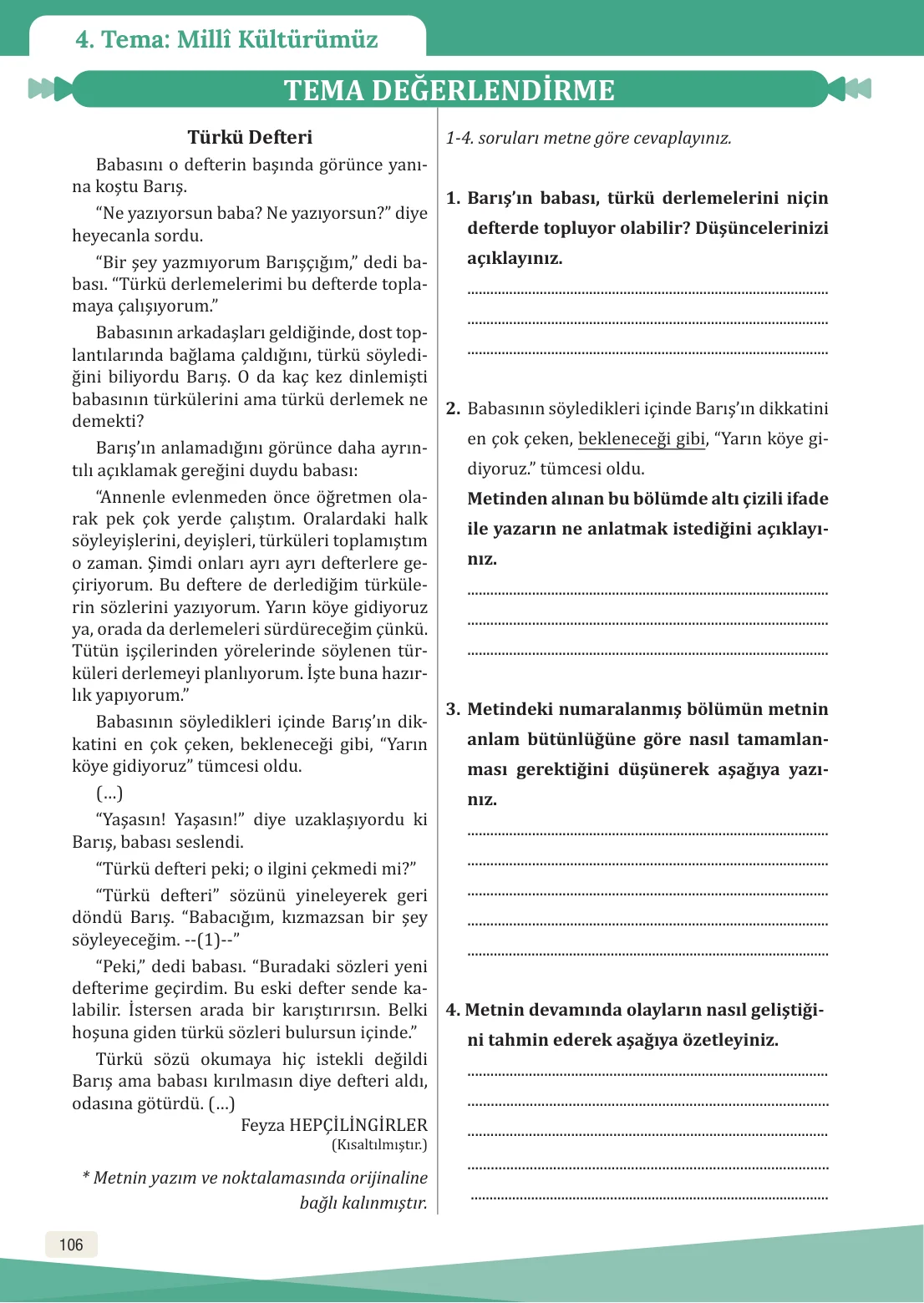 8. Sınıf Türkçe Ders Kitabı Cevapları – Meb Yayınları Sayfa 106 Cevabı