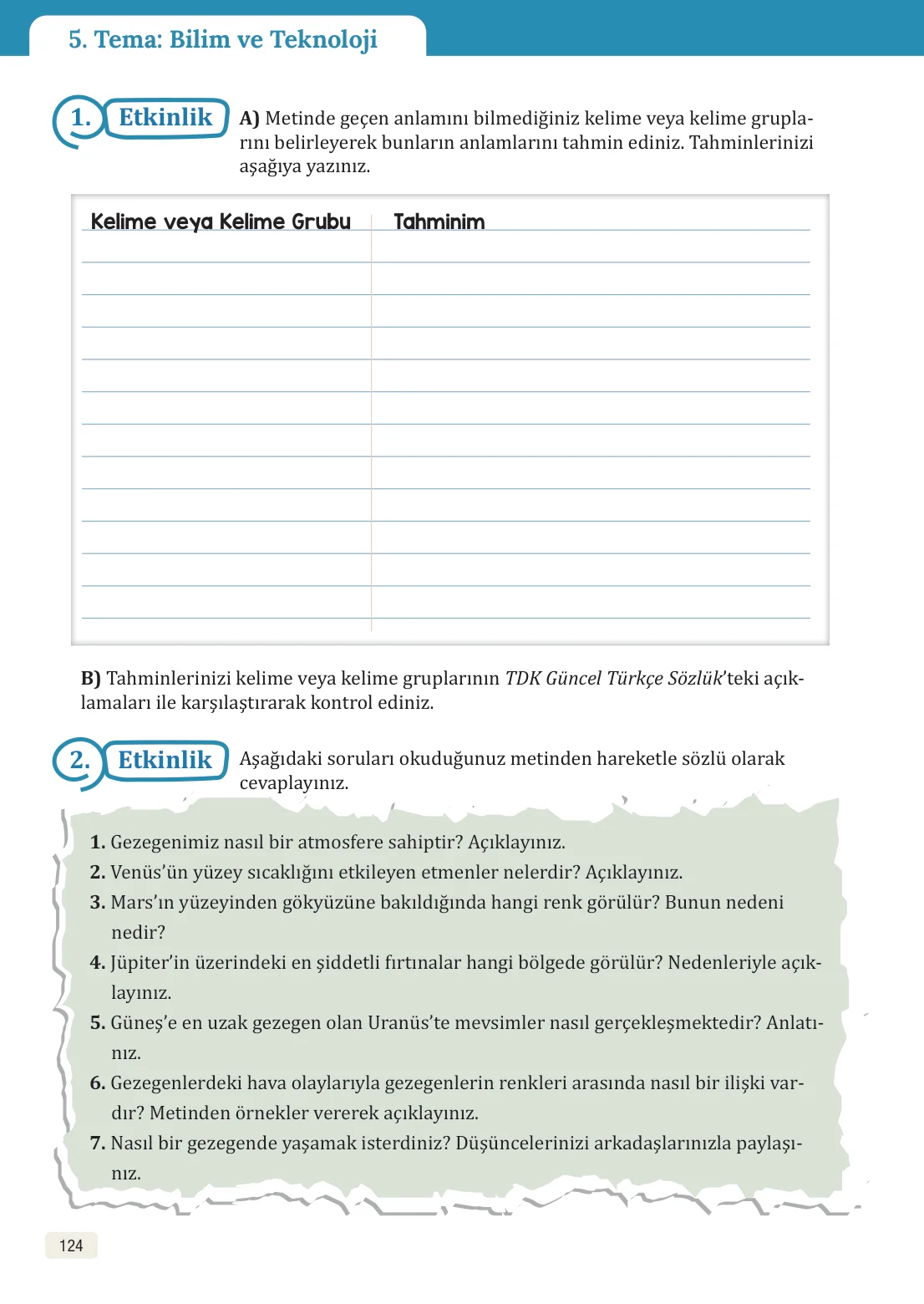8. Sınıf Türkçe Ders Kitabı Cevapları – Meb Yayınları Sayfa 124 Cevabı