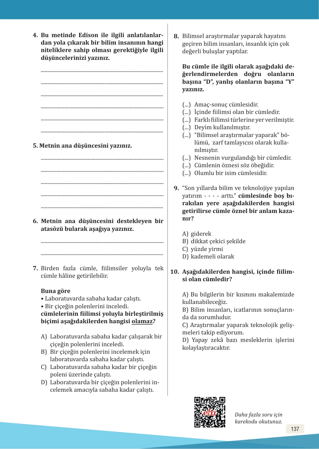 8. Sınıf Türkçe Ders Kitabı Cevapları – Meb Yayınları Sayfa 137 Cevabı
