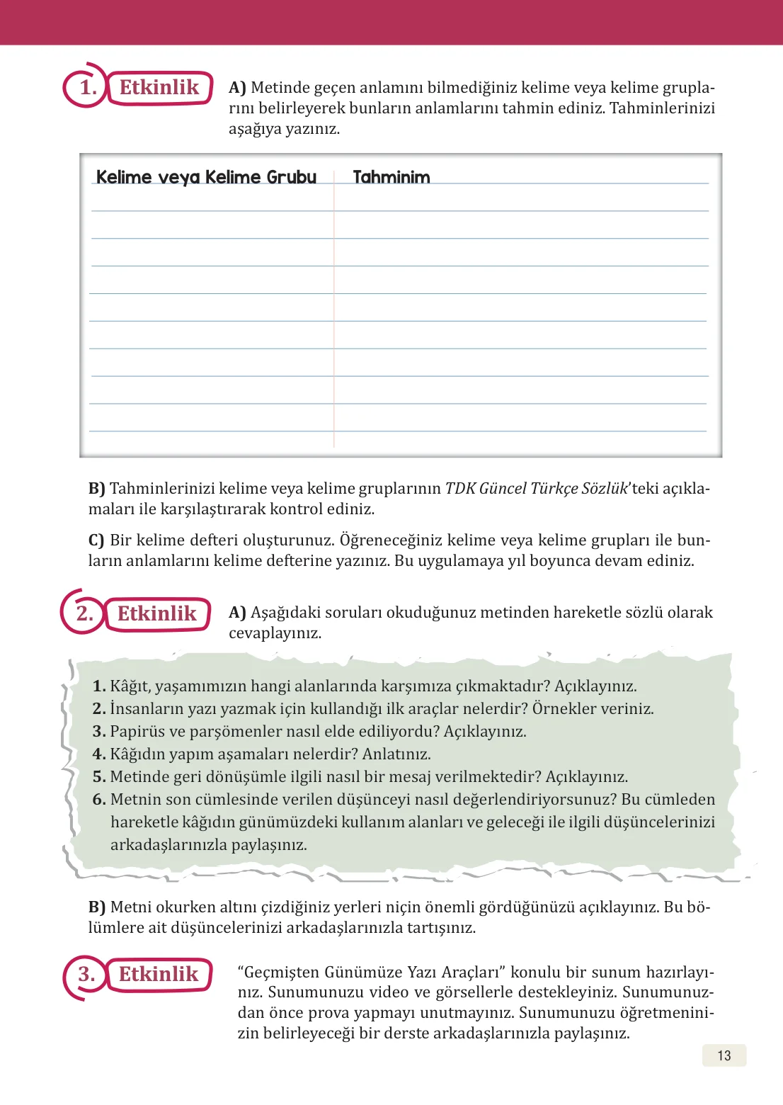 8. Sınıf Türkçe Ders Kitabı Cevapları – Meb Yayınları Sayfa 13 Cevabı