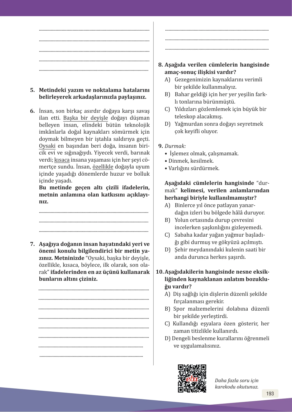 8. Sınıf Türkçe Ders Kitabı Cevapları – Meb Yayınları Sayfa 193 Cevabı