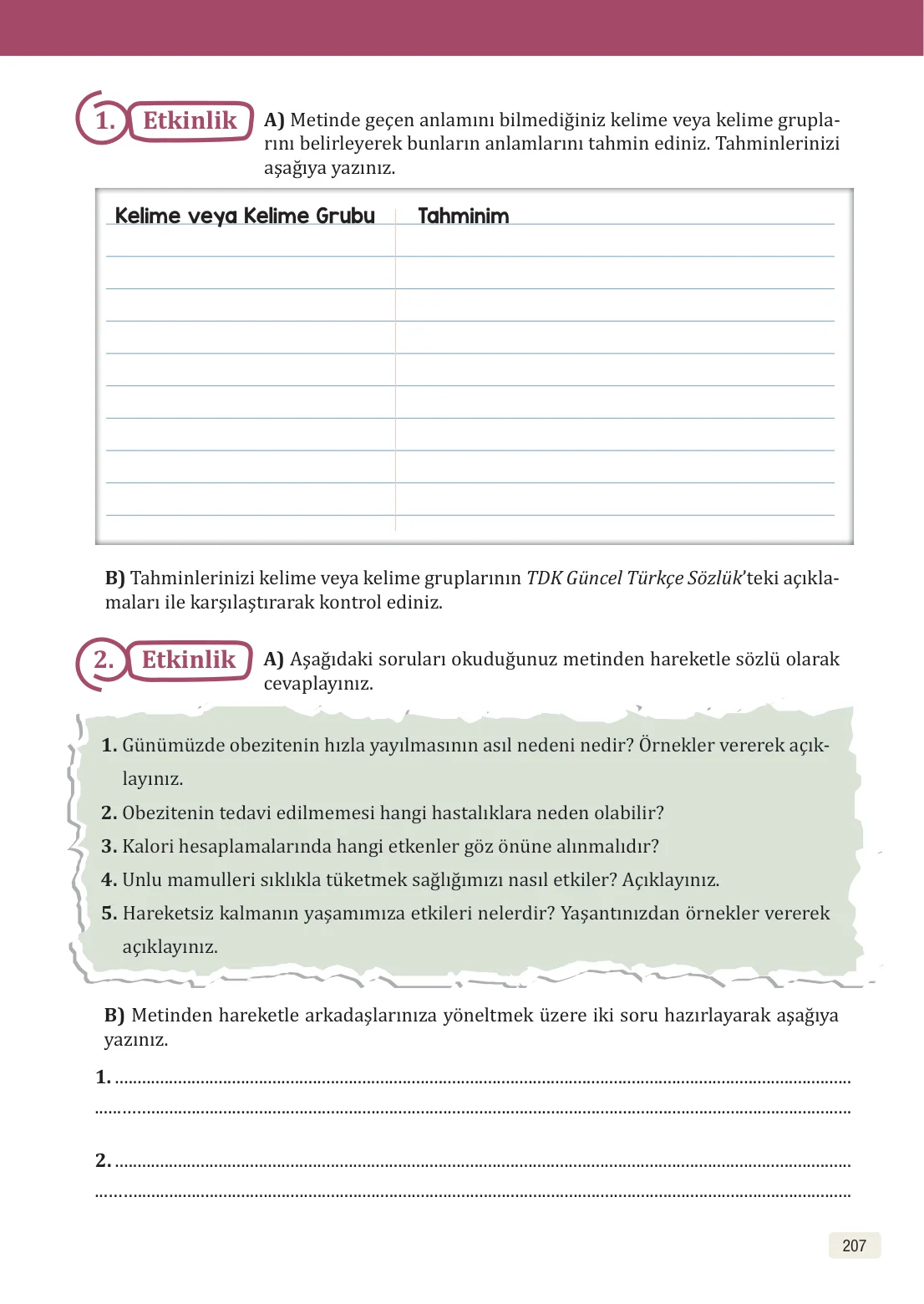 8. Sınıf Türkçe Ders Kitabı Cevapları – Meb Yayınları Sayfa 207 Cevabı
