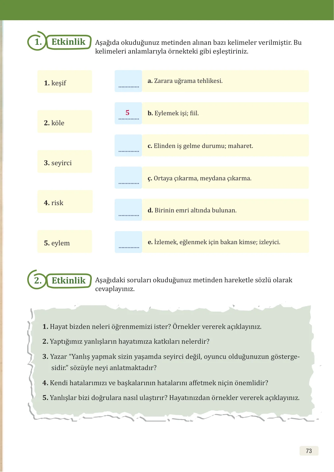 8. Sınıf Türkçe Ders Kitabı Cevapları – Meb Yayınları Sayfa 73 Cevabı