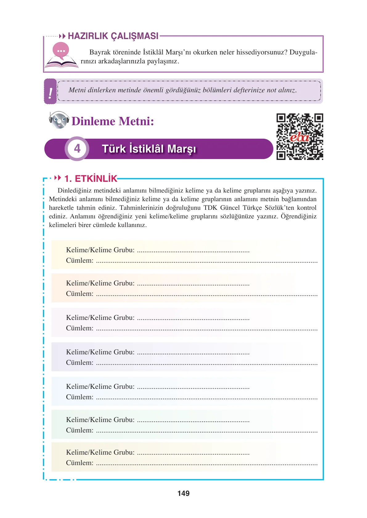 8. Sınıf Türkçe Ders Kitabı Cevapları – Ferman Yayınları Sayfa 149 Cevabı