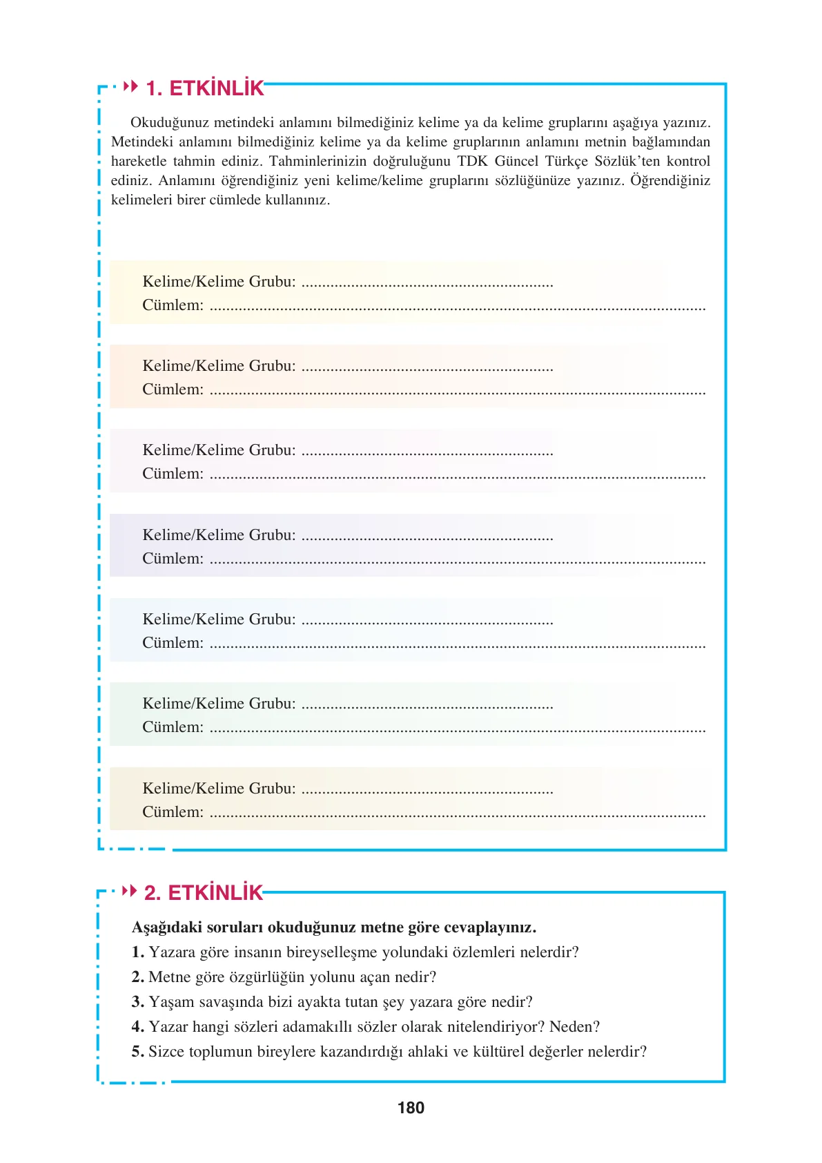 8. Sınıf Türkçe Ders Kitabı Cevapları – Ferman Yayınları Sayfa 180 Cevabı