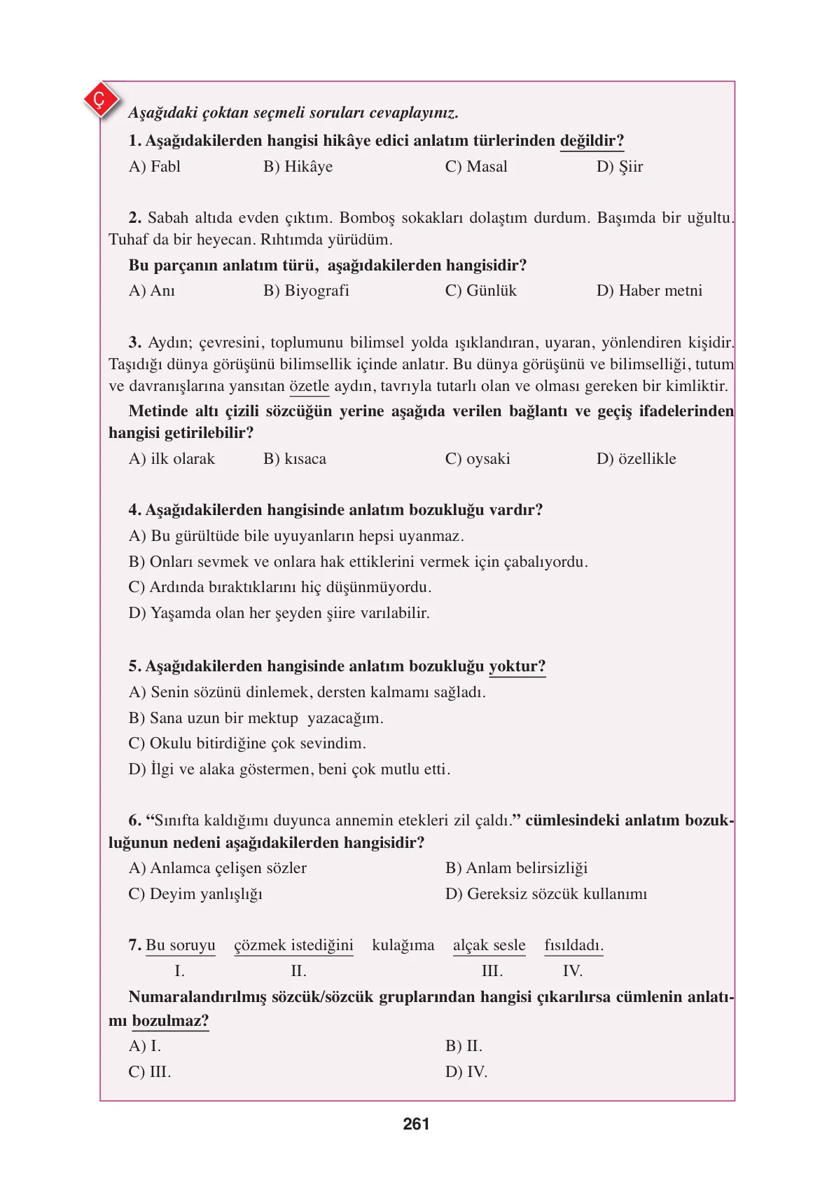8. Sınıf Türkçe Ders Kitabı Cevapları – Ferman Yayınları Sayfa 261 Cevabı