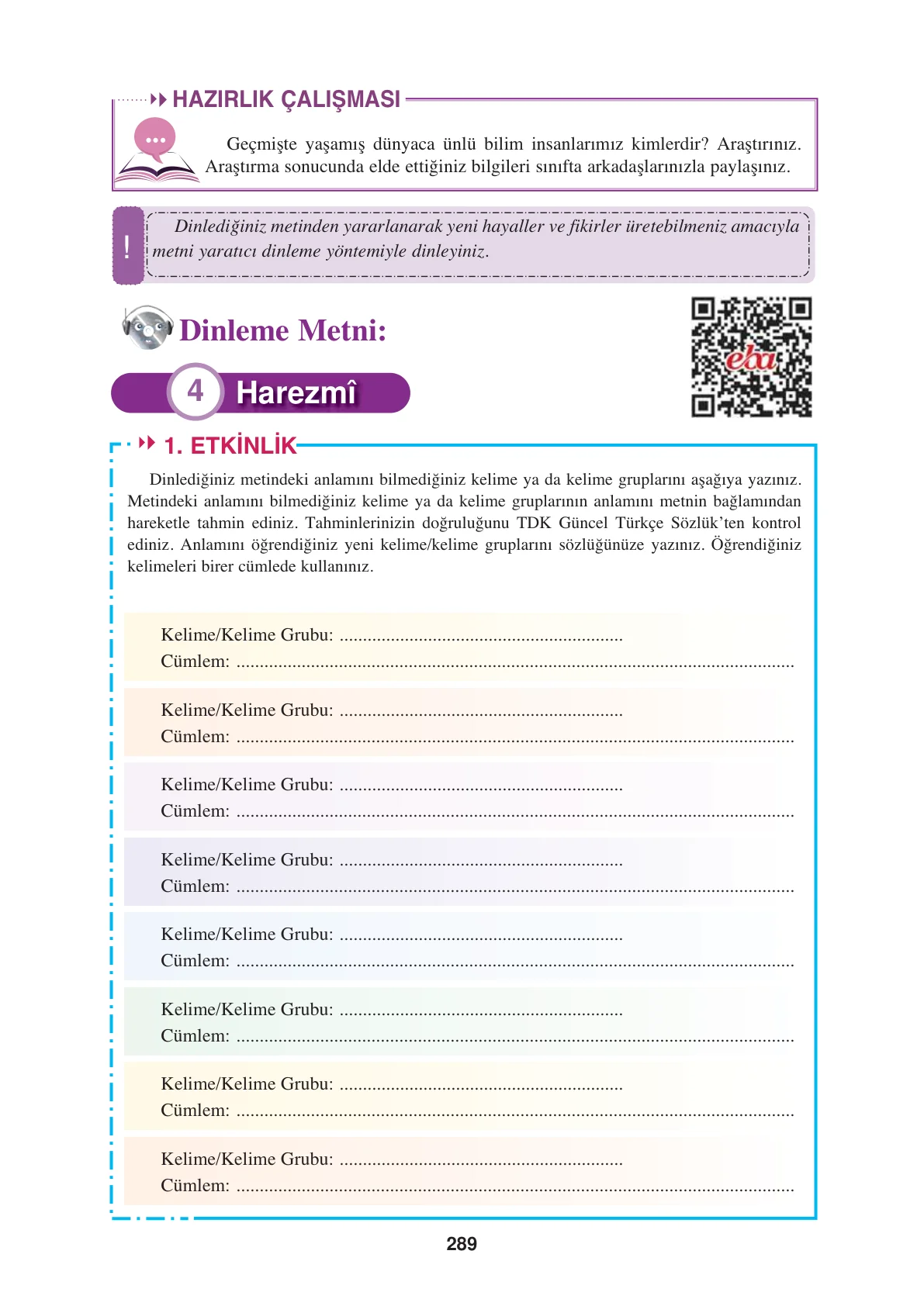 8. Sınıf Türkçe Ders Kitabı Cevapları – Ferman Yayınları Sayfa 289 Cevabı