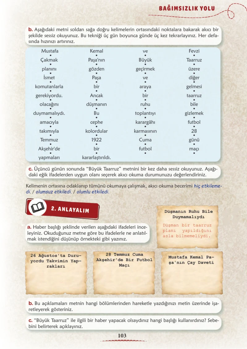 6. Sınıf Türkçe Ders Kitabı Cevapları Meb Yayınları 1. Kitap Sayfa 103 Cevabı