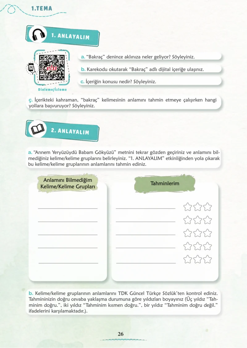 6. Sınıf Türkçe Ders Kitabı Cevapları Meb Yayınları 1. Kitap Sayfa 26 Cevabı