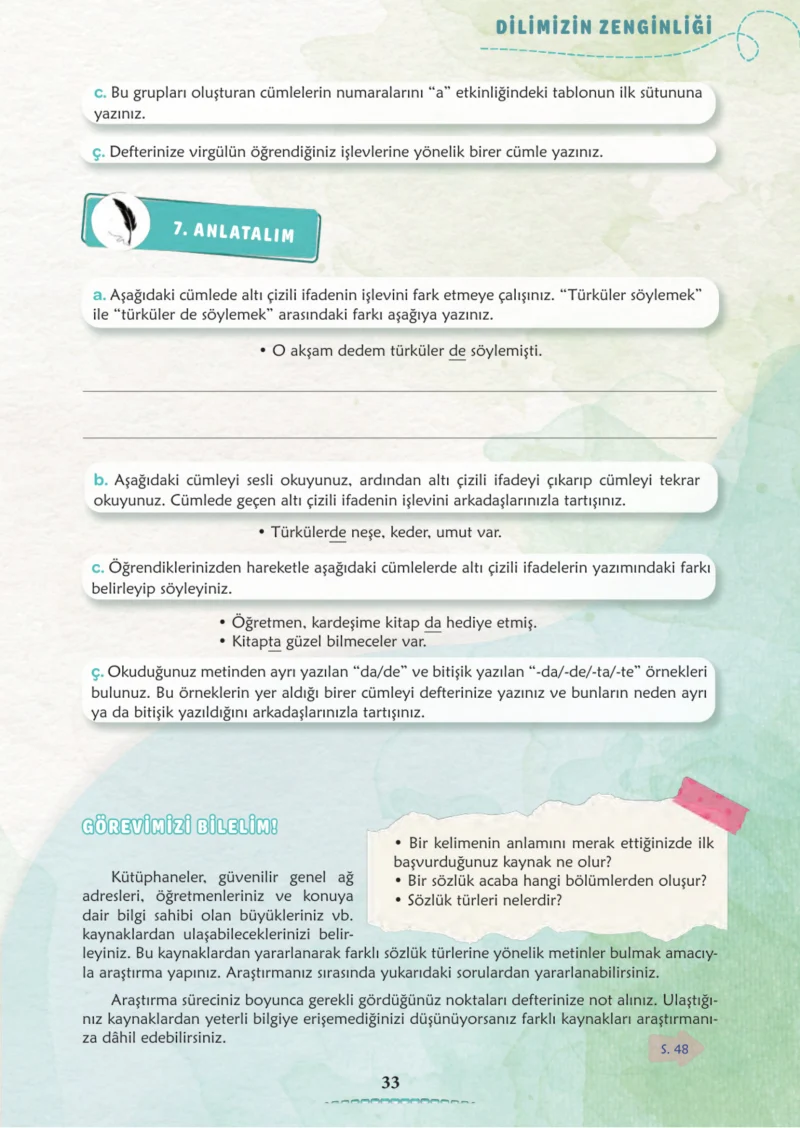 6. Sınıf Türkçe Ders Kitabı Cevapları Meb Yayınları 1. Kitap Sayfa 33 Cevabı