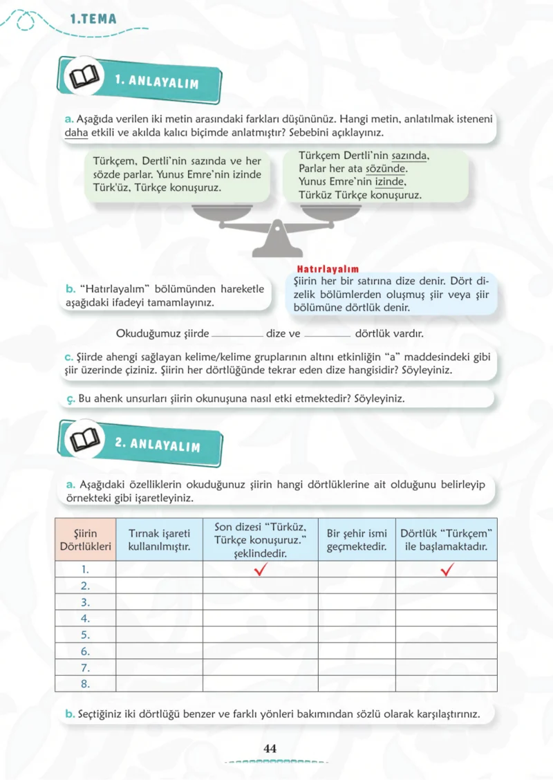 6. Sınıf Türkçe Ders Kitabı Cevapları Meb Yayınları 1. Kitap Sayfa 44 Cevabı