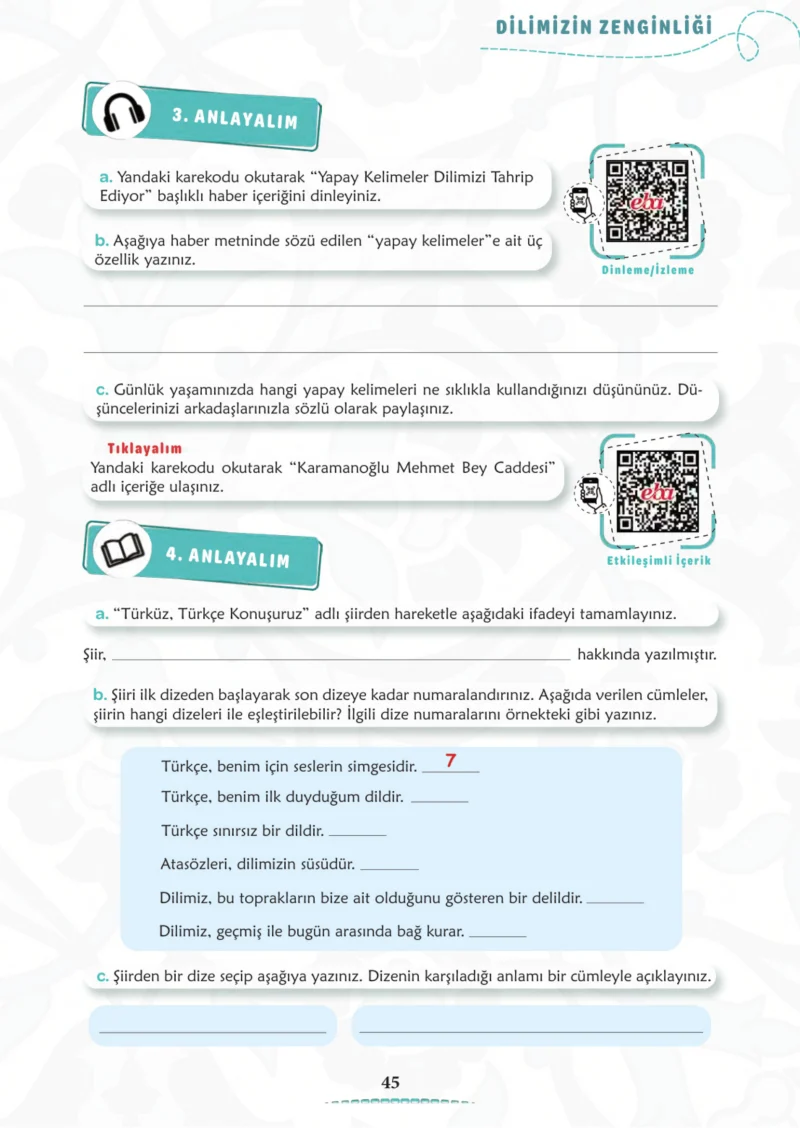 6. Sınıf Türkçe Ders Kitabı Cevapları Meb Yayınları 1. Kitap Sayfa 45 Cevabı