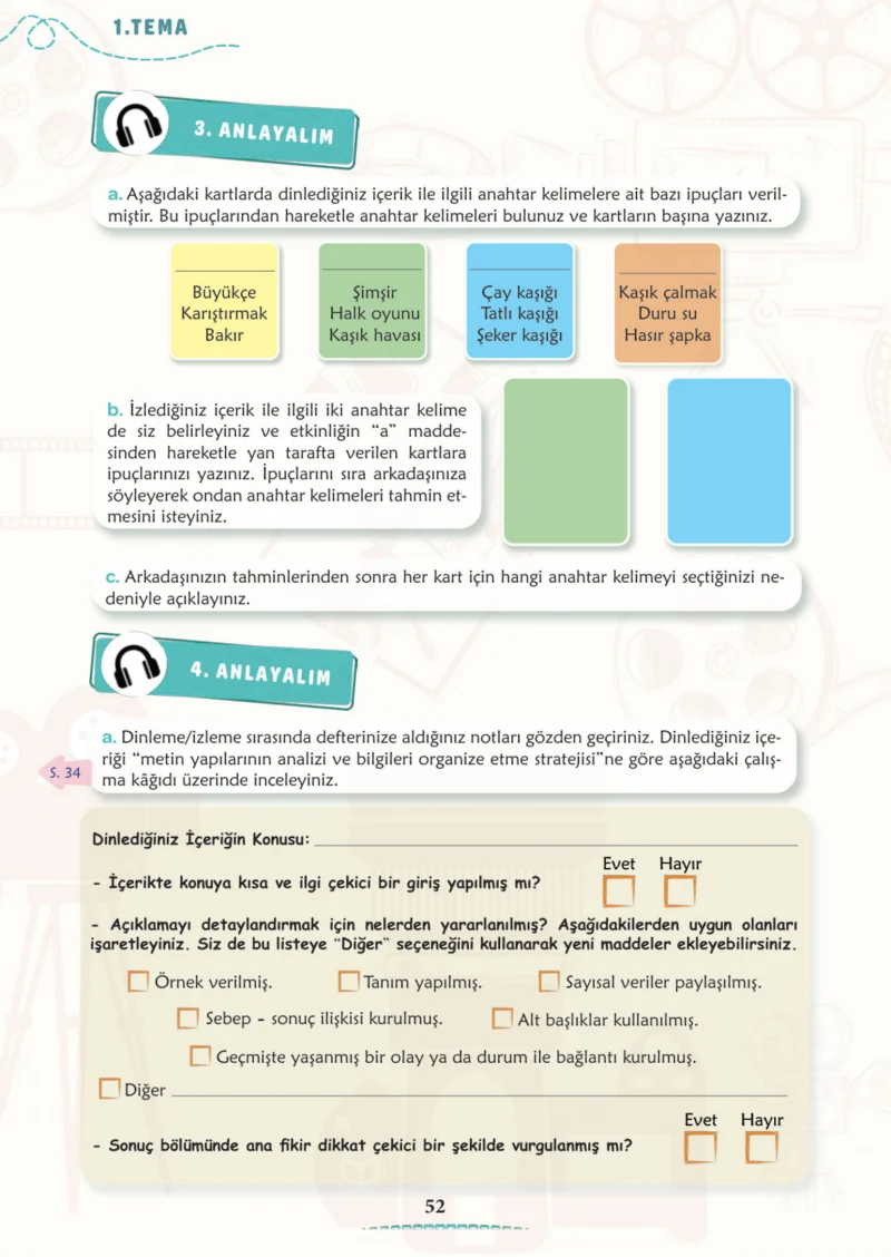 6. Sınıf Türkçe Ders Kitabı Cevapları Meb Yayınları 1. Kitap Sayfa 52 Cevabı