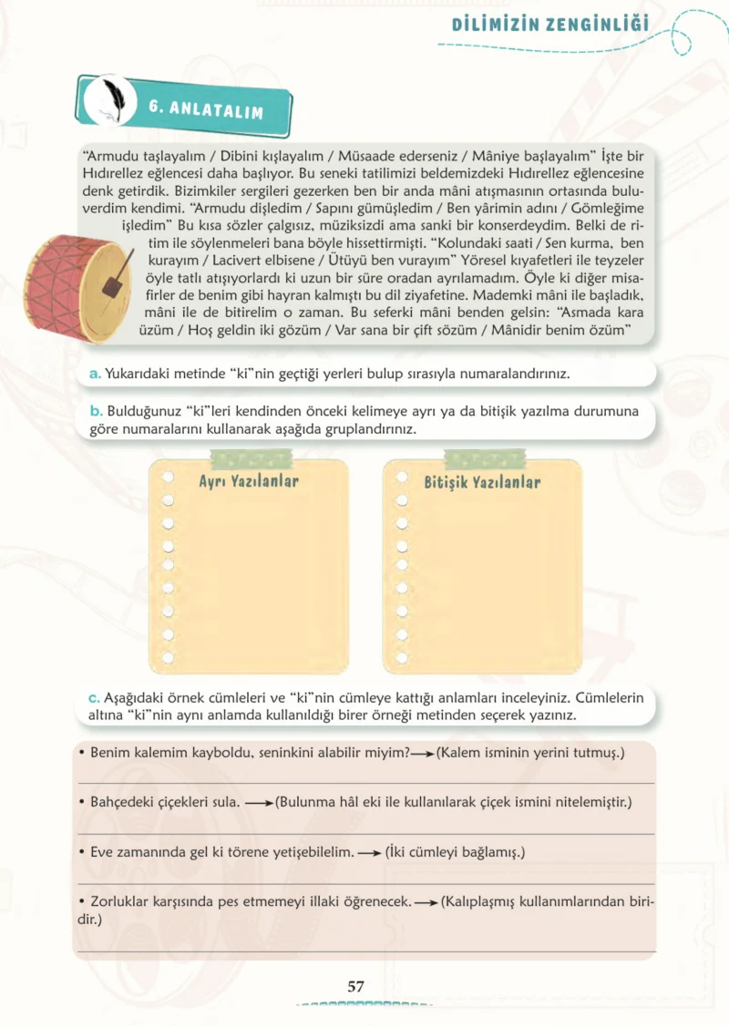 6. Sınıf Türkçe Ders Kitabı Cevapları Meb Yayınları 1. Kitap Sayfa 57 Cevabı