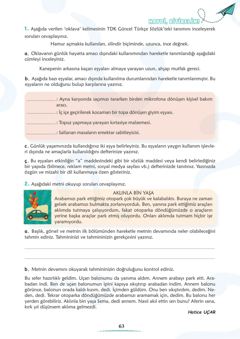 6. Sınıf Türkçe Ders Kitabı Cevapları Meb Yayınları 1. Kitap Sayfa 63 Cevabı