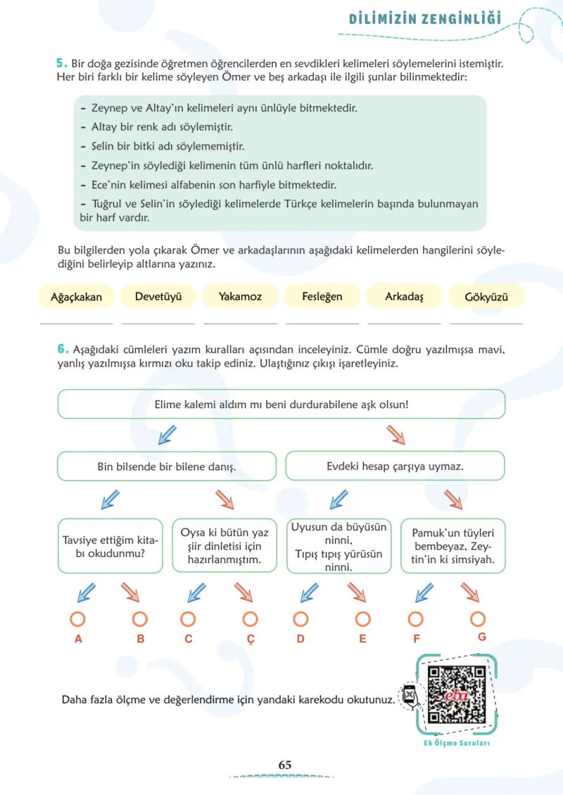 6. Sınıf Türkçe Ders Kitabı Cevapları Meb Yayınları 1. Kitap Sayfa 65 Cevabı