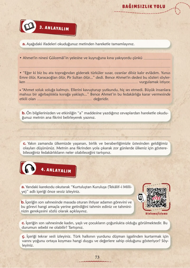 6. Sınıf Türkçe Ders Kitabı Cevapları Meb Yayınları 1. Kitap Sayfa 73 Cevabı