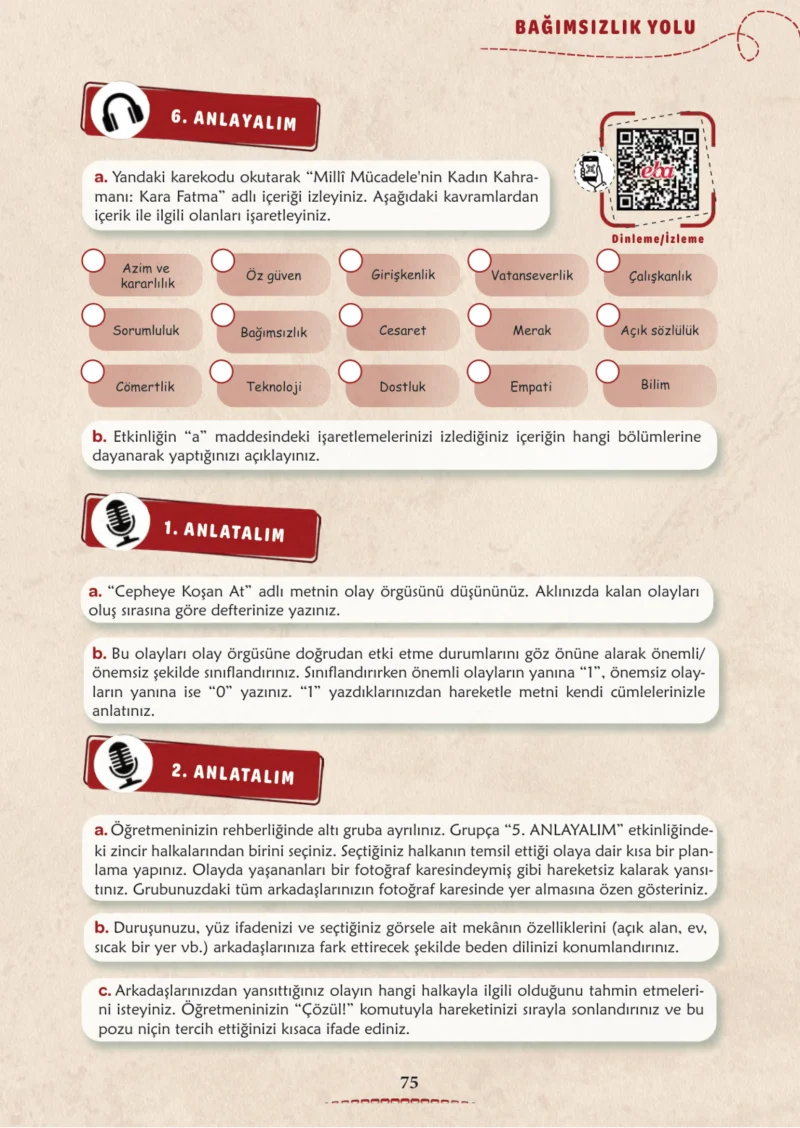 6. Sınıf Türkçe Ders Kitabı Cevapları Meb Yayınları 1. Kitap Sayfa 75 Cevabı