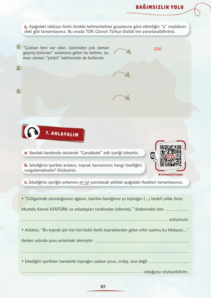 6. Sınıf Türkçe Ders Kitabı Cevapları Meb Yayınları 1. Kitap Sayfa 85 Cevabı